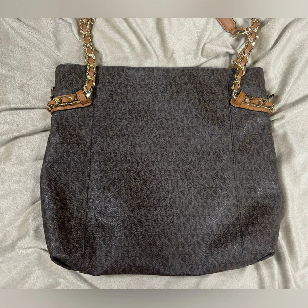 Michael Kors Brown Signature Logo Tote Gold Chain Shoulder Bag